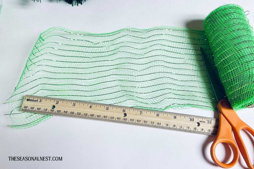 Green mesh with scissors and a ruler