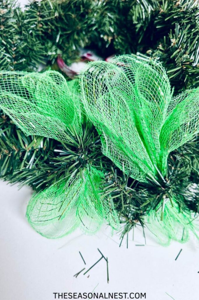Green Mesh bundles on a wreath frame