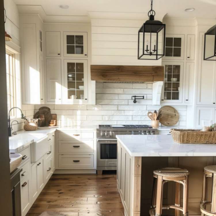 Farmhouse kitchen with white cabinets