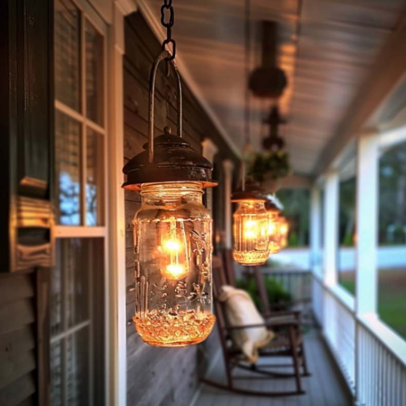 Mason jar lanterns hanging from the porch