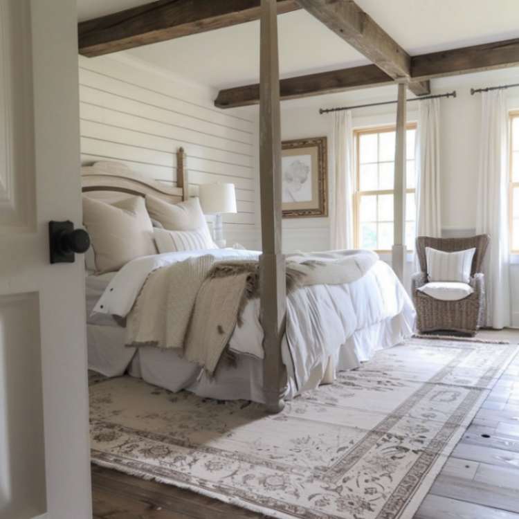 Distressed rug in a farmhouse bedroom