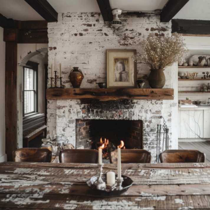 Rustic fireplace in a Farmhouse dining room