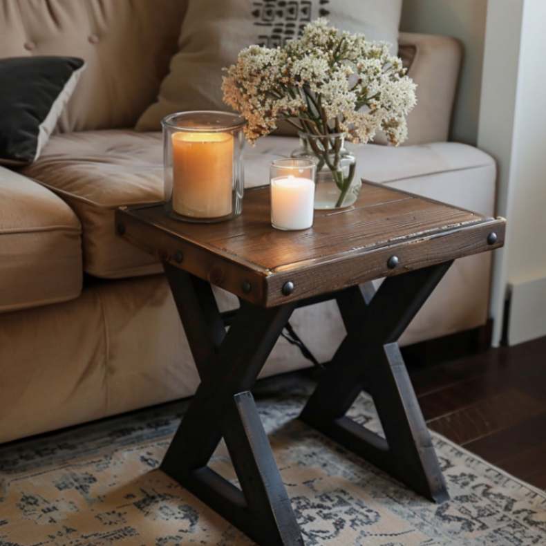 Industrial look side table in Farmhouse living room