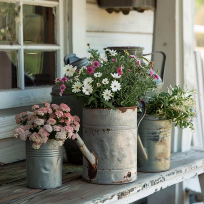 Old milk cans used as planters on a Framhouse porch