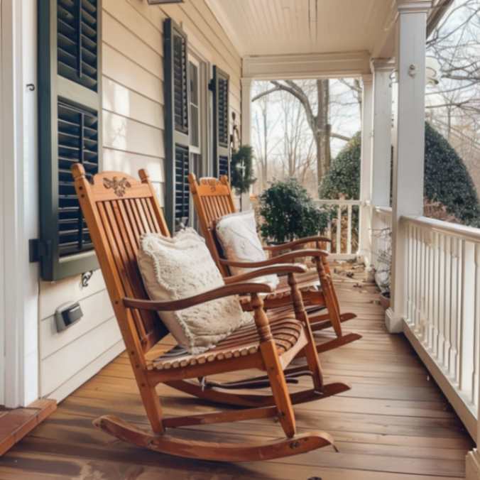 A pair of rocking chairs in a porch Farmhouse style