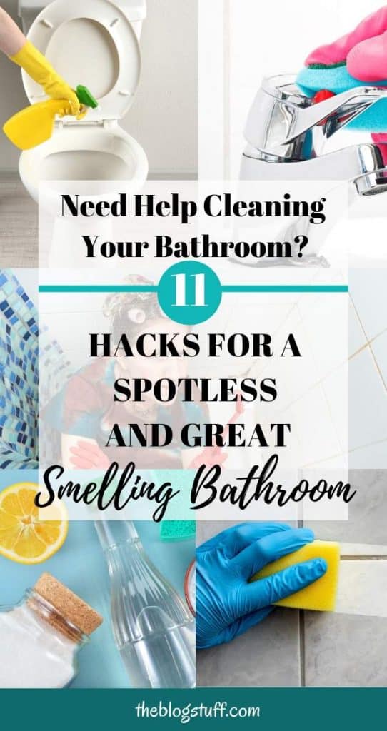 Cleaning bathroom with text overlay - Bathroom cleaning hacks