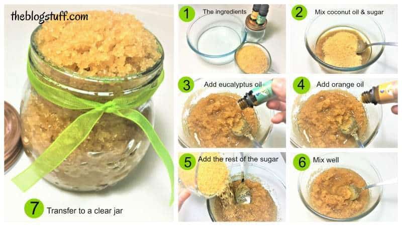 Steps to make a DIY brown sugar scrub with eucalyptus essential oil