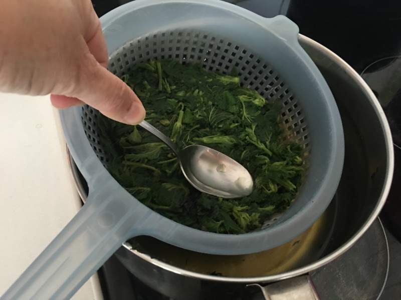 Straining water from the nettle leaves