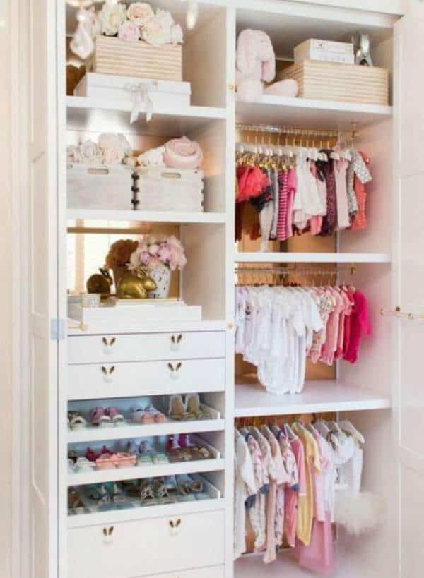 Well organized baby closet with plenty of storage space