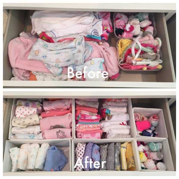 Before and after organized baby clothes in drawers