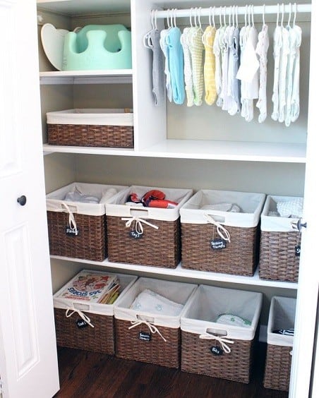 Baby closet stored and organized in baskets