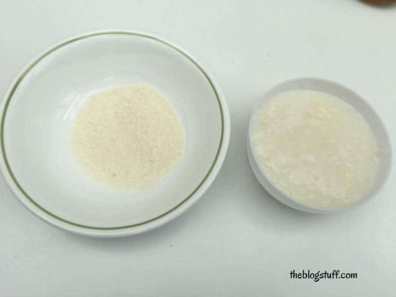 Blended rice in a bowl and another one with cooked rice