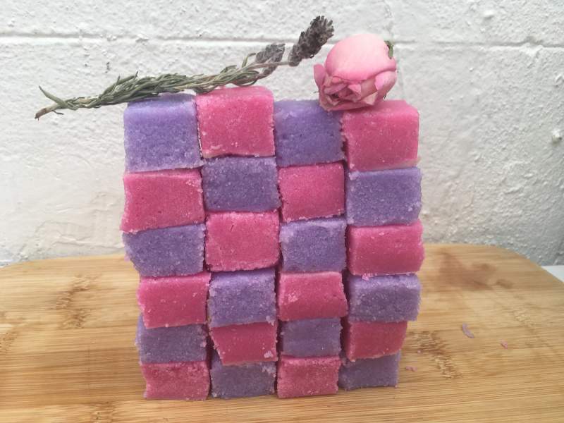 Homemade lavender and rose sugar scrub cubes