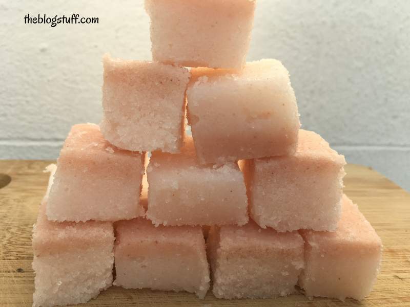 Close-up view of coconut oil sugar scrub cubes