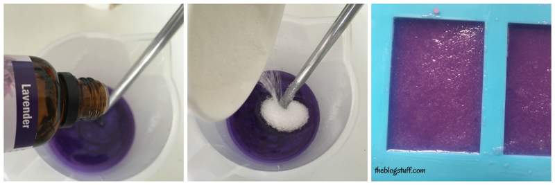 Adding lavender essential oil and sugar to the mixture