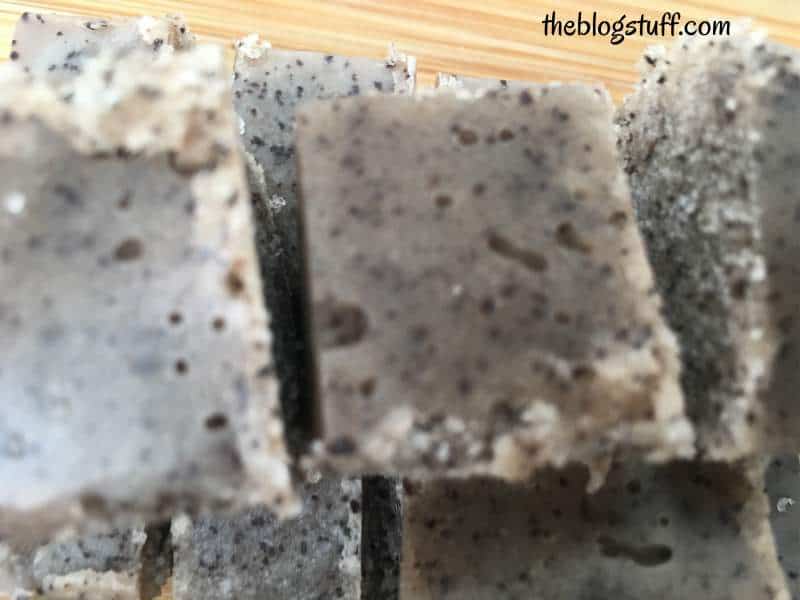 Close-up of coffee and coconut oil scrub cubes