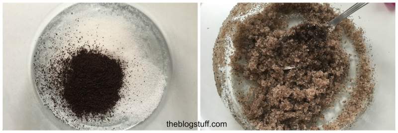 Mixing sugar, coffee grounds, and coconut oil