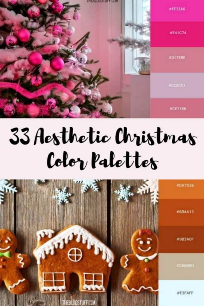 Pink Christmas tree decor and a cozy gingerbread scene, featuring pink and warm orange-brown palettes for a cute, non-traditional holiday vibe.