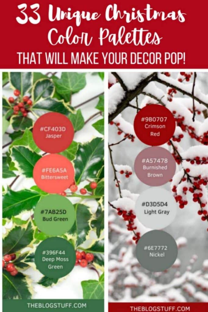 This image features two uniques Christmas color palettes. On the left, a traditional palette inspired by holly with deep greens and reds. On the right, a snowy scene with muted red and soft grays.