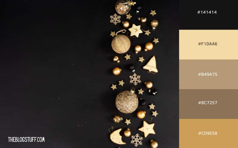 A festive Christmas color palette with gold and black ornaments on a dark black background. Sparkling gold stars, glittery baubles, and holiday shapes create a luxurious and modern aesthetic for an elegant holiday look.