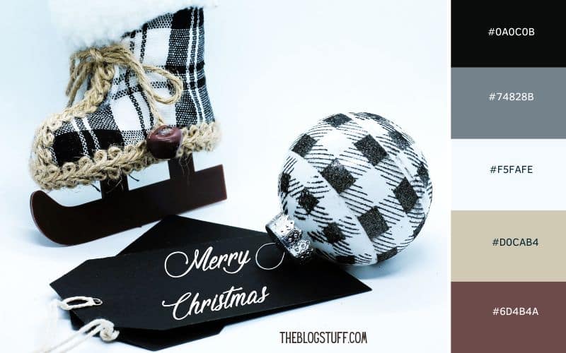 A black and white Christmas color palette featuring a cozy plaid skate ornament and matching plaid bauble. The minimalistic tag reads 'Merry Christmas,' reflecting a classic, rustic aesthetic with modern farmhouse vibes.