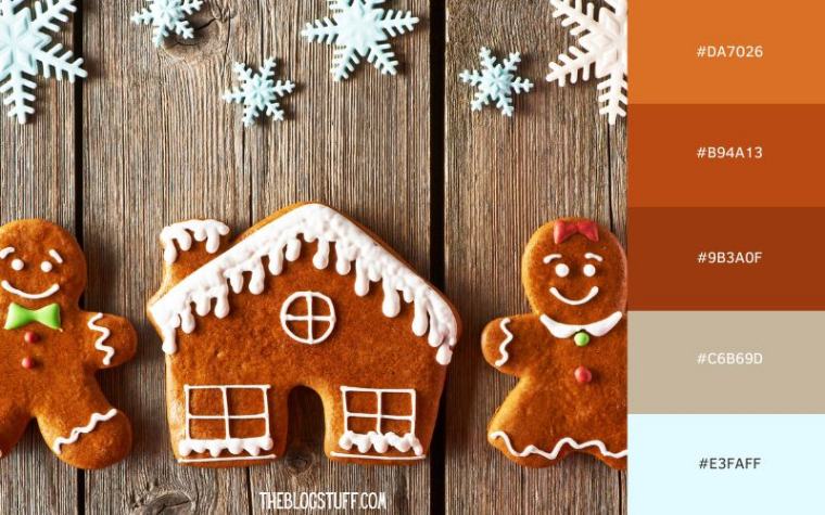 A cute and cozy gingerbread house and gingerbread people with white icing details, on a rustic wooden surface with light blue snowflake decorations. Warm browns and soft blue tones create a classic, nostalgic holiday feel.