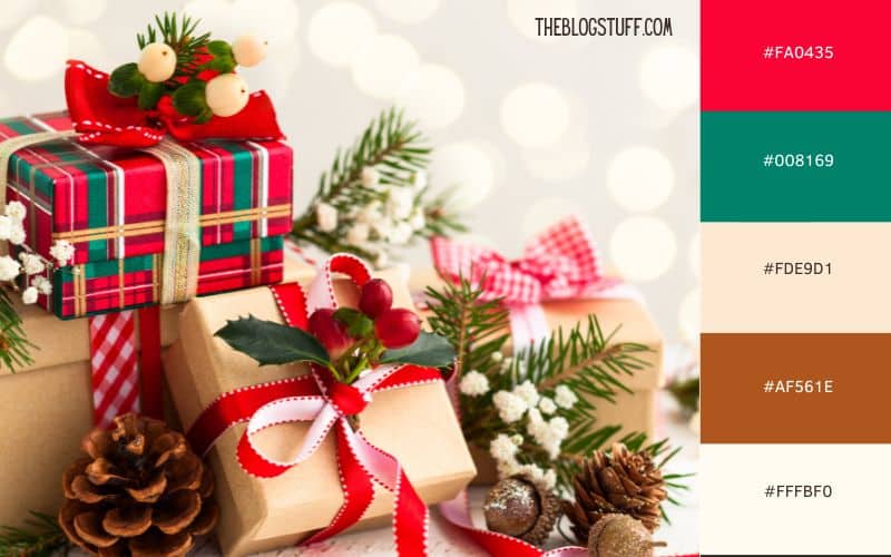 A traditional Christmas gift display featuring wrapped presents in festive red and green plaid, adorned with pinecones, holly berries, and twine. The cozy and colorful holiday palette includes red, green, cream, and gold tones.