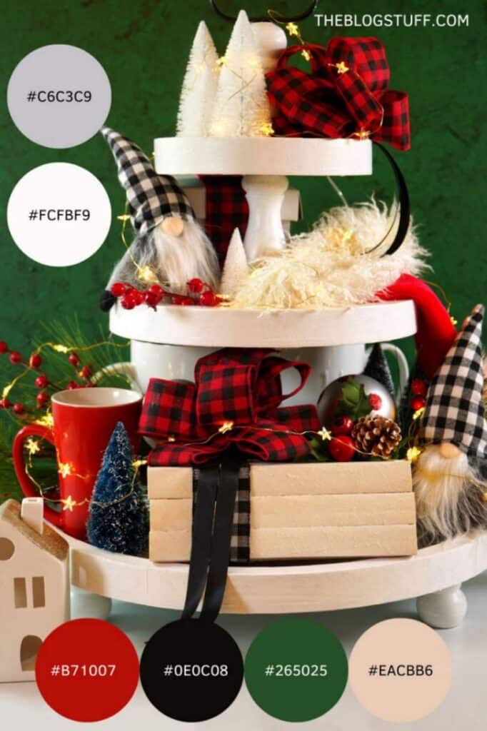 This image shows a festive farmhouse-style Christmas display with plaid ribbons, gnomes, and cozy neutral tones. The colors are inspired by traditional red, green, and black, with light beige accents, giving it a warm and rustic vibe.