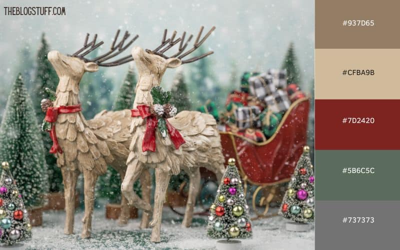 Festive Christmas color scheme with shades of muted red, green, and neutral tones, featuring wooden reindeer and a sleigh decorated for the holidays, evoking a woodland and cozy holiday feel.