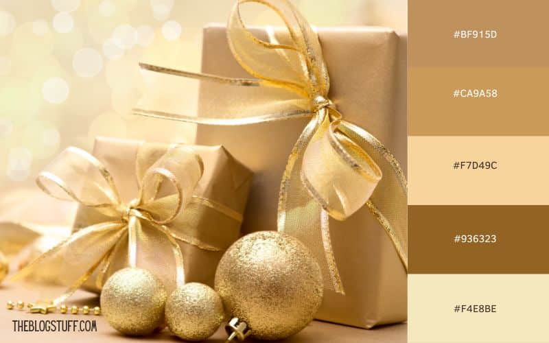 Elegant gold-themed Christmas color palette featuring wrapped gifts and ornaments in soft gold tones, creating a luxurious and festive holiday vibe.