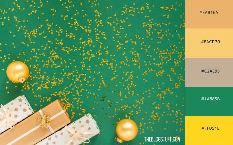 Festive green and gold Christmas color palette featuring wrapped gifts and ornaments, sprinkled with golden stars, adding a bright and cheerful holiday feel.