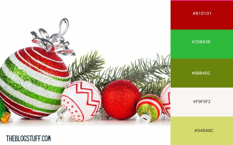 Classic red and green Christmas ornaments with evergreen branches, creating a festive and traditional holiday look.