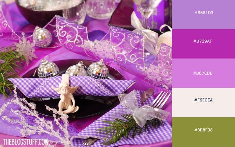 A Christmas table set with soft lavender decorations, including ribbons, ornaments, and napkins. The scene feels elegant and serene, with a dominant pastel purple hue and touches of greenery.