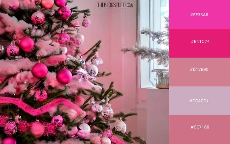 A soft, pastel pink Christmas tree adorned with ornaments, giving off a unique and modern holiday aesthetic with a cute, non-traditional vibe.