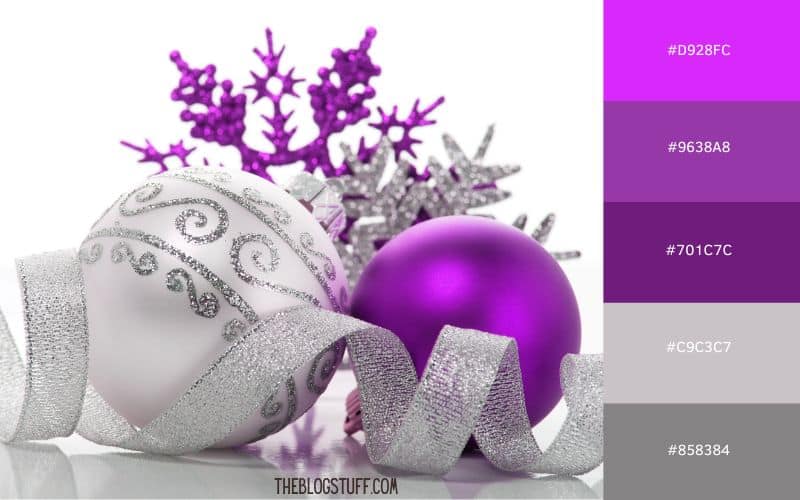 A vibrant and elegant mix of purple and silver Christmas ornaments with shimmering accents, creating a festive, modern, and unique color scheme for the holiday season.