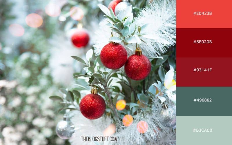 A frosty green and red Christmas theme. The vibrant red ornaments contrast beautifully with the soft, frosted leaves, while the cool green and silver tones add a serene, wintery feel, perfect for a modern and elegant holiday look.