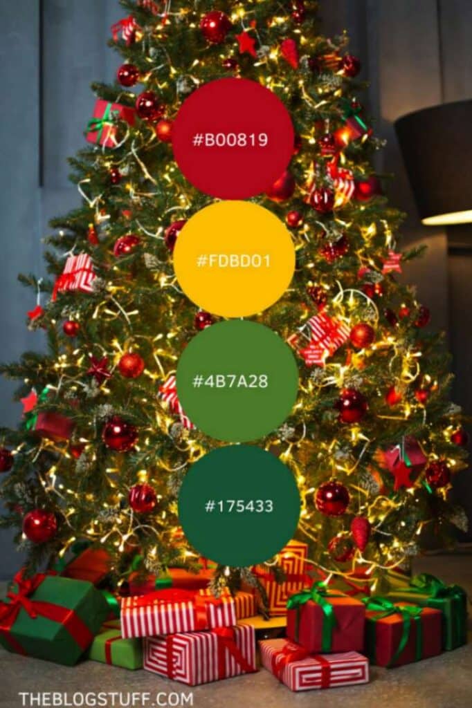 A festive Christmas tree adorned with red, yellow, and green ornaments, surrounded by beautifully wrapped presents, creating a classic and vibrant holiday atmosphere.