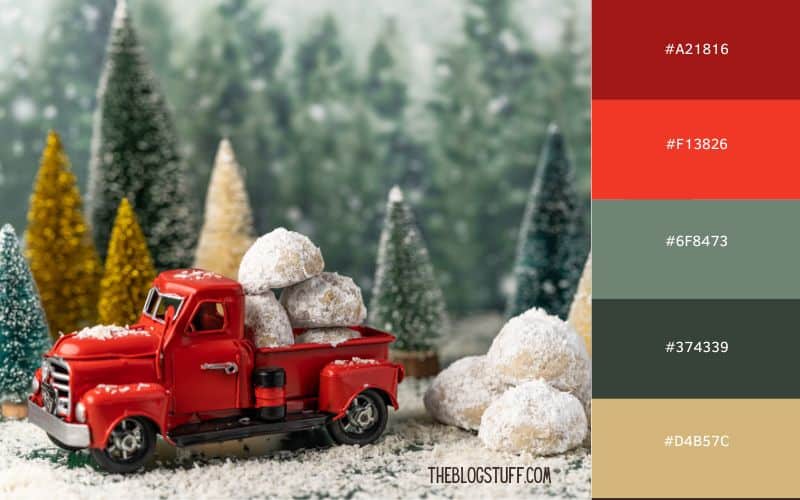 This image features a vintage Christmas color palette. The classic red truck contrasts against the snowy background and green pine trees. Soft hues of green and brown, combined with festive reds, create a nostalgic holiday scene, reminiscent of timeless Christmas decor.