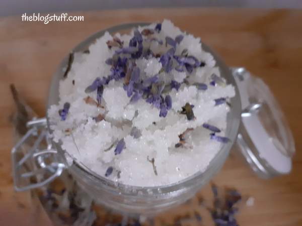 DIY lavender vanilla sugar scrub in an open jar