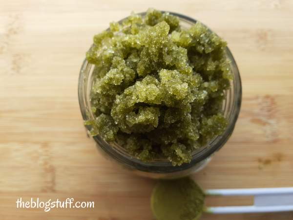 Green tea body scrub in a container