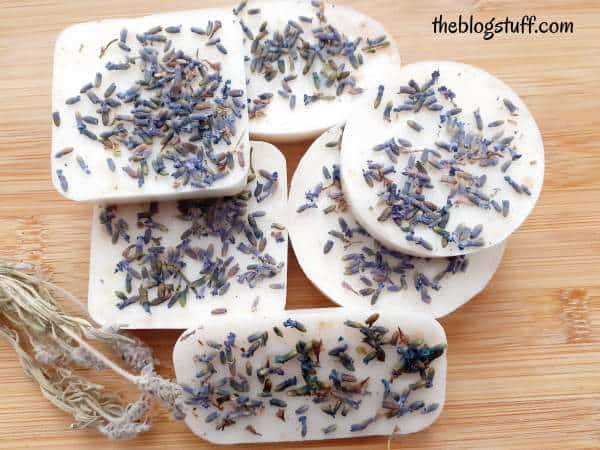 View of lavender soap bars and lavender sprig