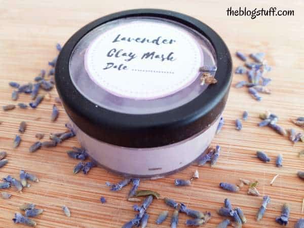 Labeled lavender clay mask in a container