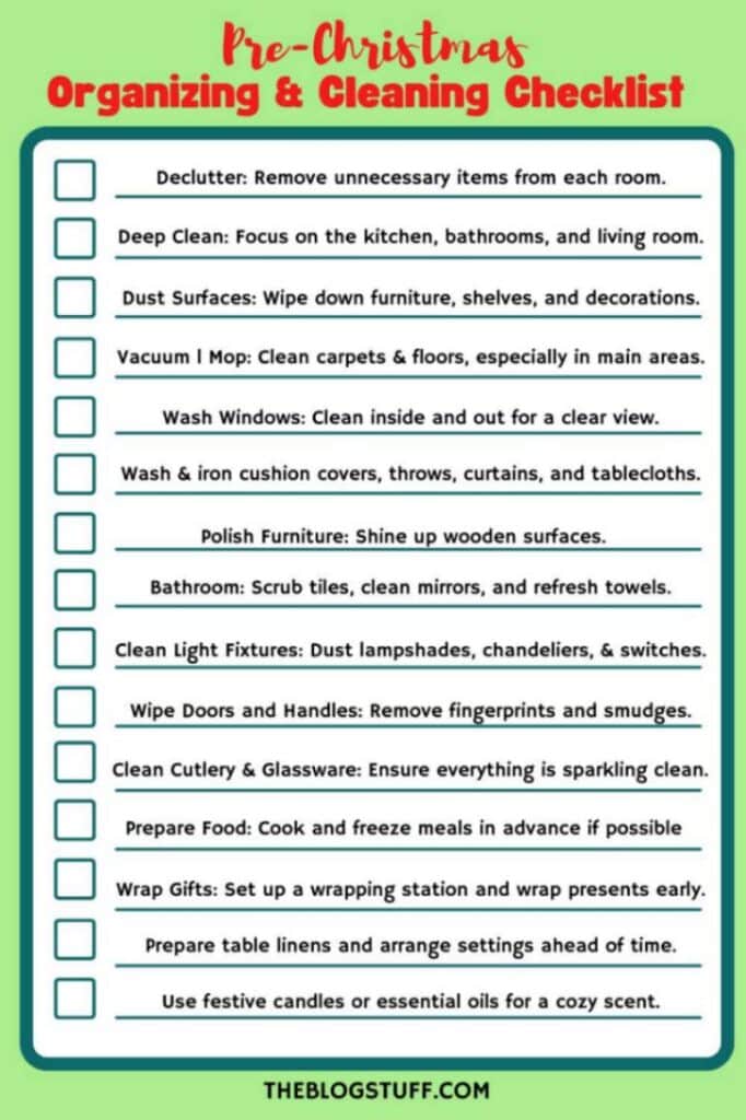 Pre-Christmas organizing and cleaning checklist with tasks like decluttering, deep cleaning, washing windows, and preparing table linens.