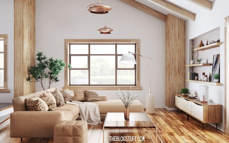 Bright, modern living room with neutral decor and wooden accents