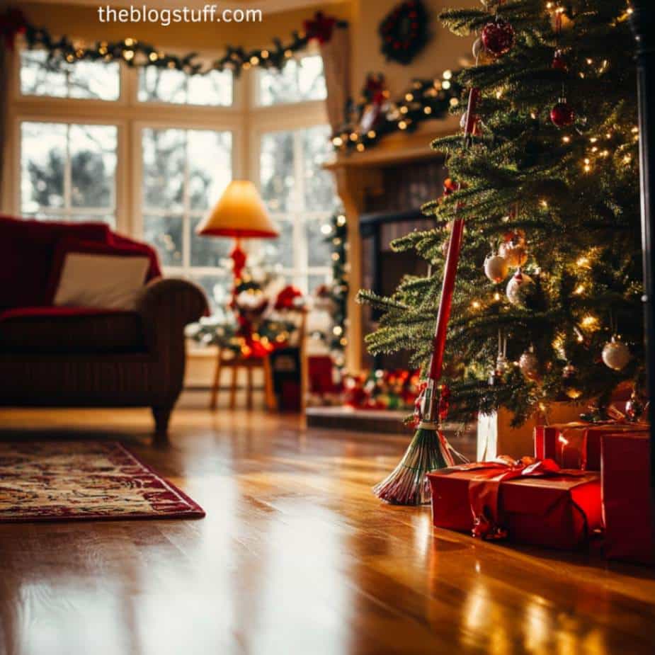 A Christmas tree in a cozy living room with glowing lights and festive decor, accompanied by a broom, signaling a clean and well-prepared space for the holidays.