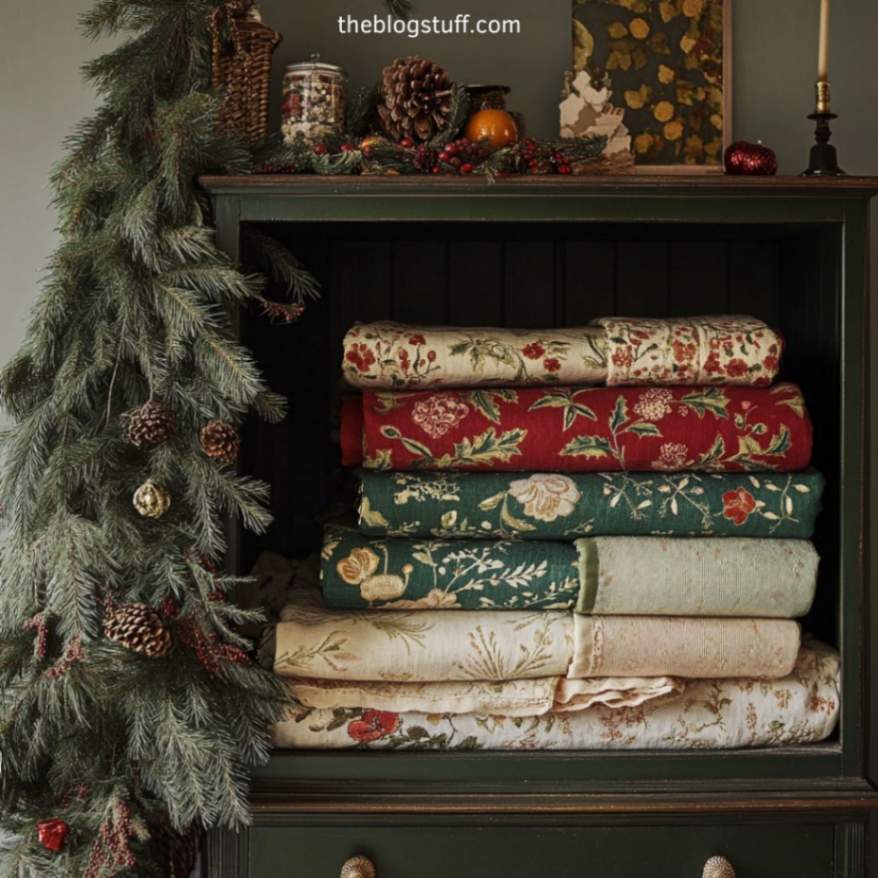 Neatly folded Christmas linens in red, green, and cream with floral patterns, stored in a green cabinet with festive pine garland.