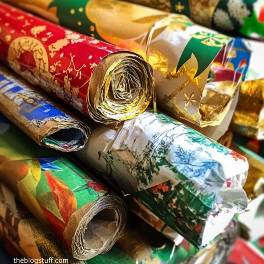 A roll of colorful and partially used Christmas wrapping paper, featuring traditional holiday designs and vibrant festive colors.