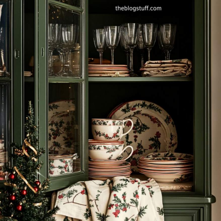 A cupboard filled with Christmas-themed tableware, including holly-patterned dishes, glasses, and linens neatly organized for the holiday season.