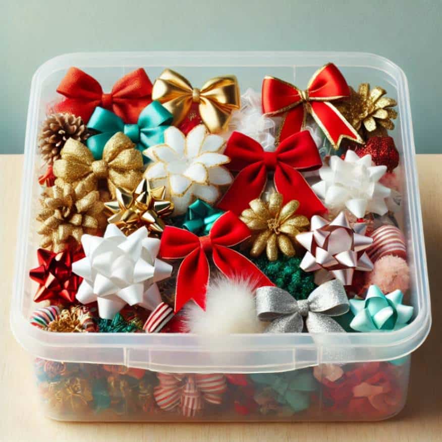 A small clear plastic container filled with assorted Christmas bows of various sizes and colors, including red, green, gold, and silver, neatly arranged for easy storage.