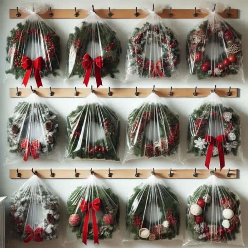 Christmas wreaths wrapped in cellophane bags, hanging from hooks neatly organized